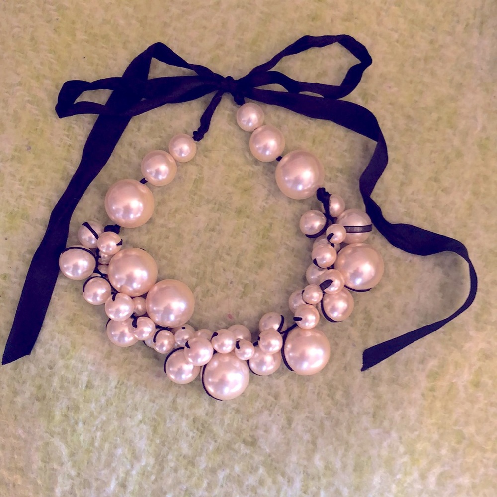Faux Pearl Bauble Statement Necklace/Choker with Black Adjustable Ribbon